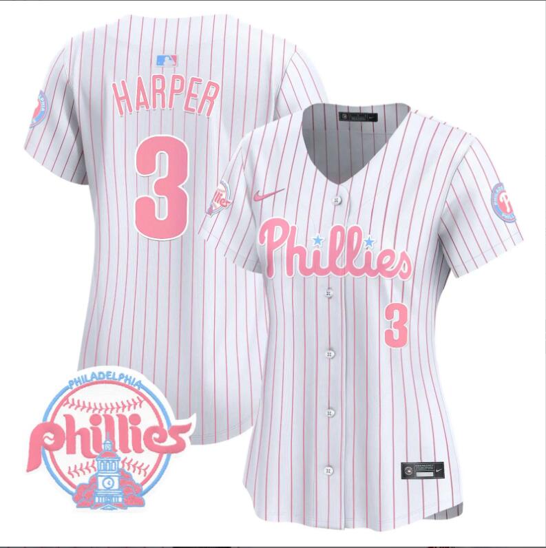 Women Philadelphia Phillies #3 Harper white with red strips 2024 MLB jersey